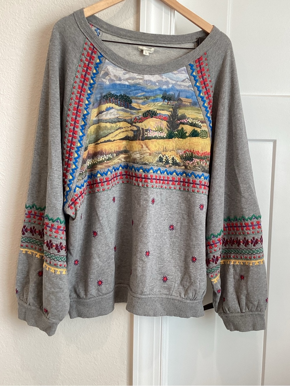 🏜️Anthropologie Embroidered Pullover Sweatshirt Pilcro New Grey XL Landscape - Picture 5 of 14